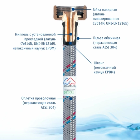 Подводка для воды гибкая 20см, наружный d-12мм, 1/2", тип резьбы вр-вн/гайка-штуцер, нержавеющая сталь, Monoflex (01185); 11595223